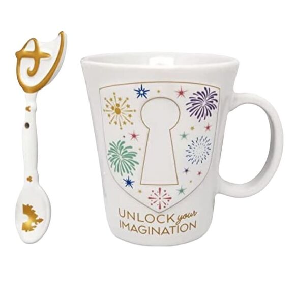 NWT Disney Parks Coffee Mug - Unlock Your Imagination w/ Key Shaped Spoon - Picture 1 of 3
